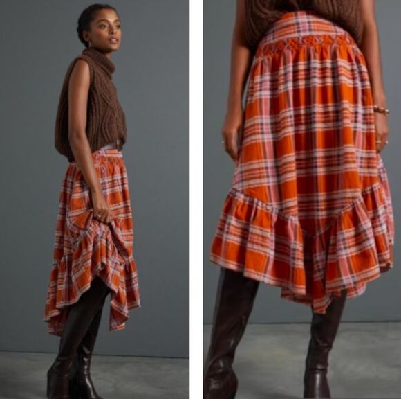Anthropologie Dresses & Skirts - Anthropologie Plaid A-Line Midi Skirt high low high waisted size XL